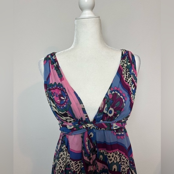 Tibi 100% Silk Geometric Floral V Neck Empire Sleeveless Dress Size 4 - Picture 4 of 12